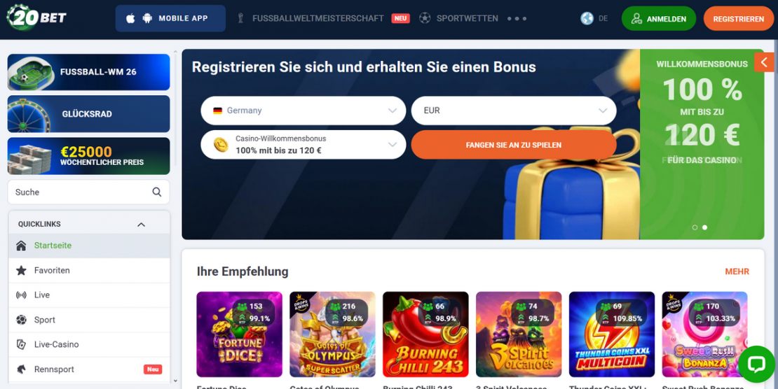 20Bet 120 Freispiele +100 % Bonus Spiele & Sportwetten